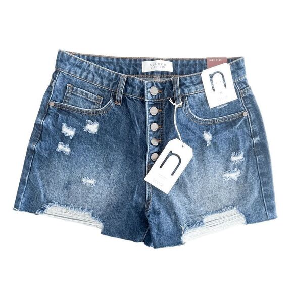 Nature Denim Women's Jean Shorts Distressed High Rise Button Fly Blue Wash M - Picture 1 of 8
